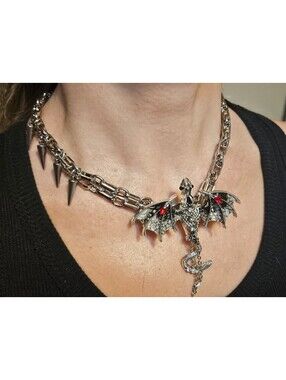 Y2K Alt Goth Grunge Spiked Chain Necklace & Dragon Brooch